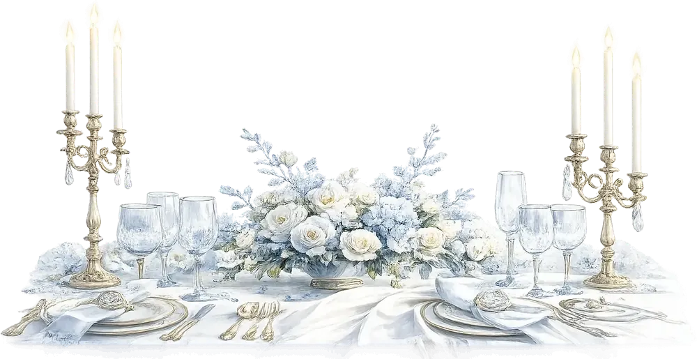 A reception table set with candles, crystal glasses and white and blue roses