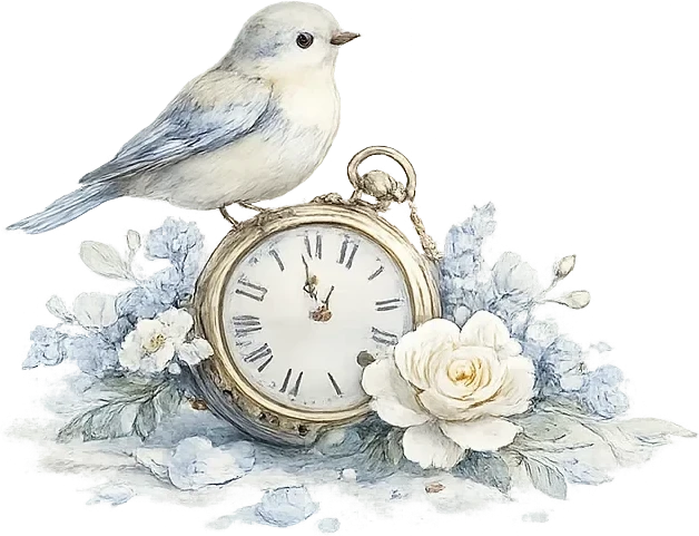 A little bird resting on a pocket watch among roses
