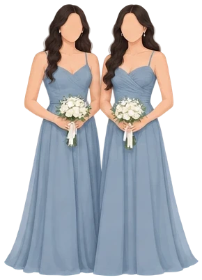 Two bridesmaids in dusty blue gowns holding bouquets