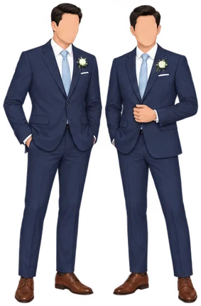 Two groomsmen in navy blue suits with light blue ties