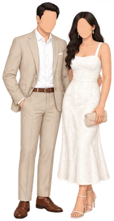 A guest couple in a nude suit and a white dress