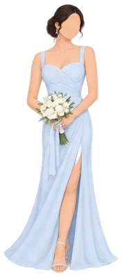 Matron of honor in a baby blue gown holding a bouquet