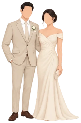 A couple in a beige suit and a cream gown