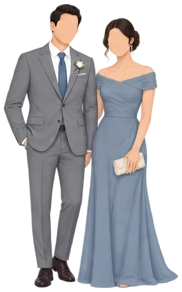 A couple in a gray suit and a blue gown